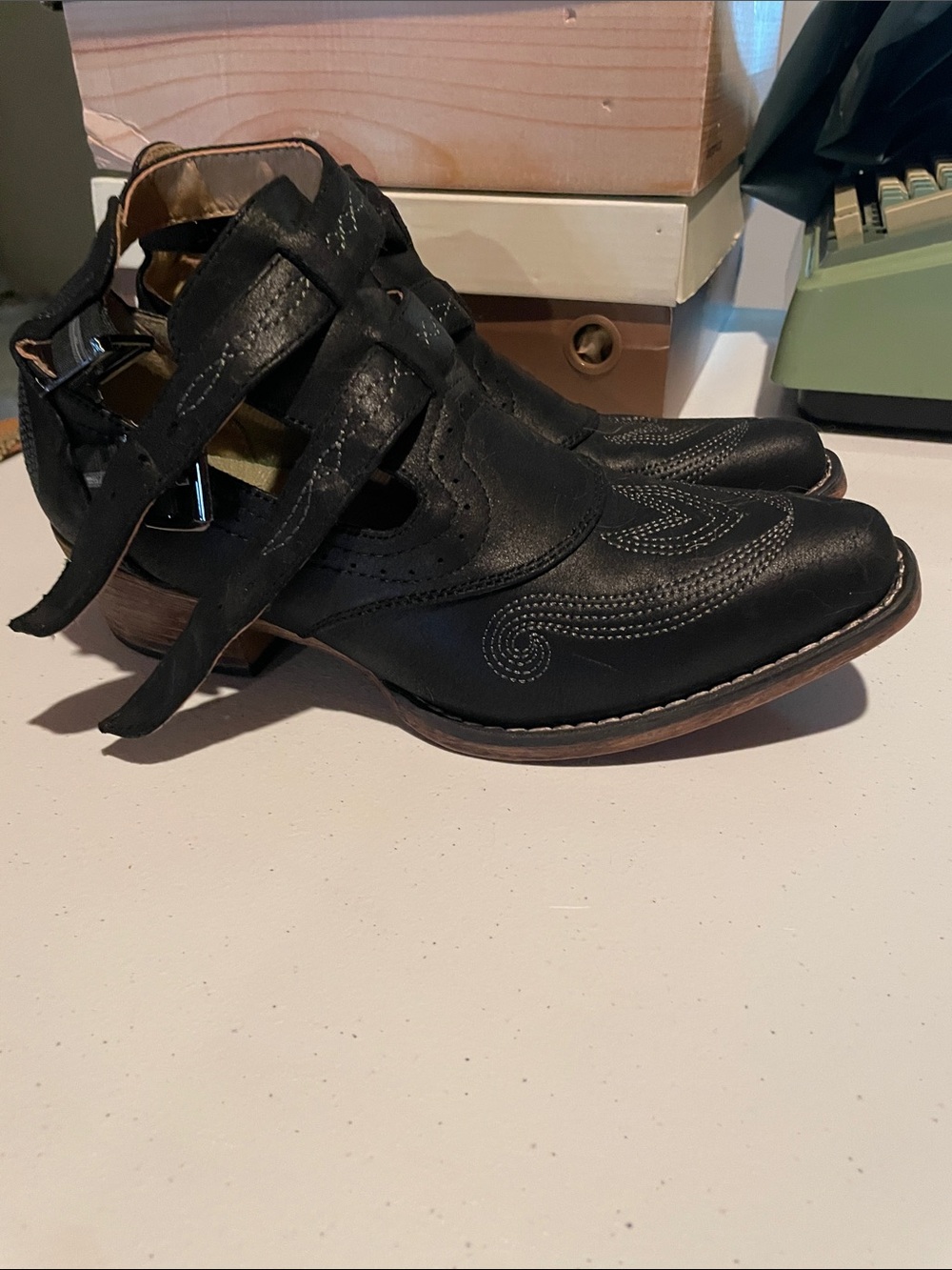 Roper Black Cutout Ankle Booties with Western Stitching